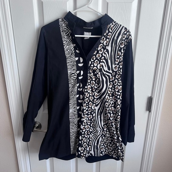 Chico's Tops - Chicos No-Iron Chic Stretch Animal Print Tunic Shirt Black Mixed Zebra Leopard M